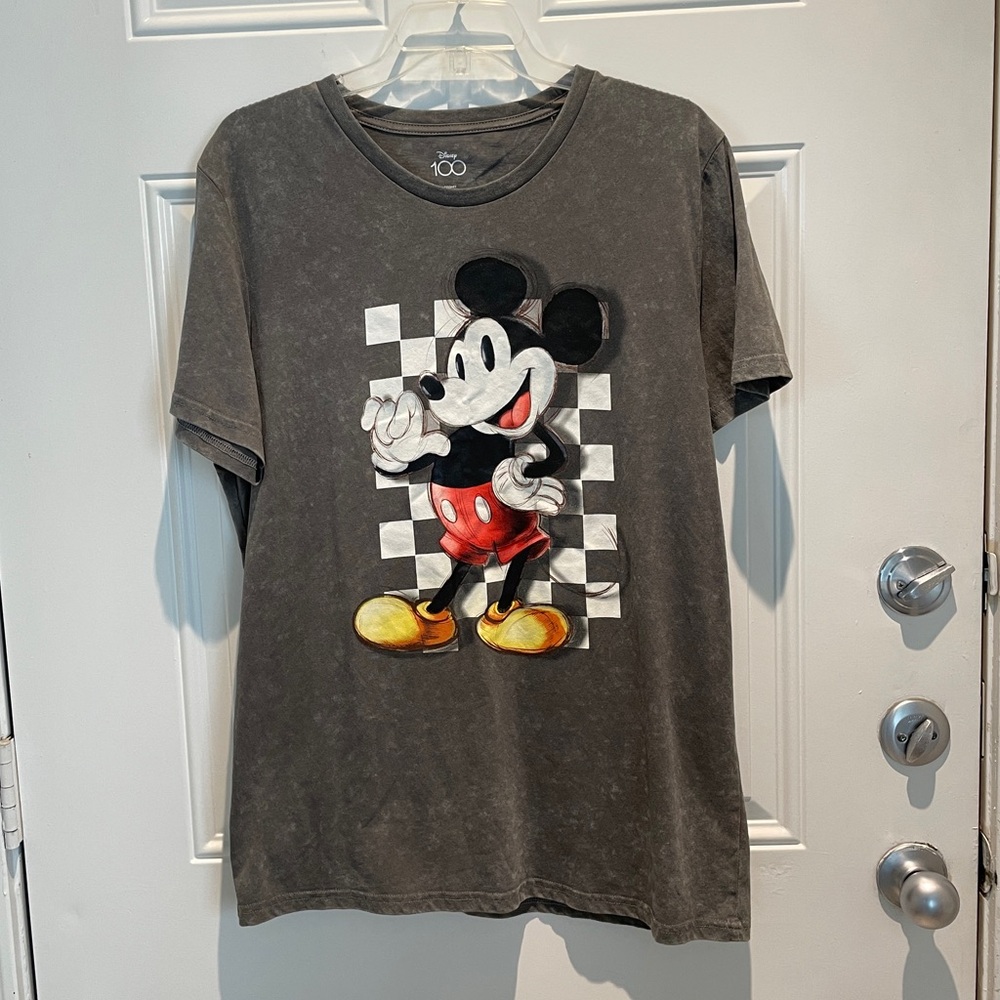 Disney Mickey Mouse Graphic 100 Years Checker Short Sleeve Ladies Tee Size Large